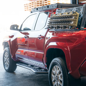 CALI RAISED STEP EDITION ROCK SLIDER FOR 2024+ TOYOTA TACOMA DBL CAB SHORT BED W/ KICK OUT & FILLER PLATE POWDERCOAT